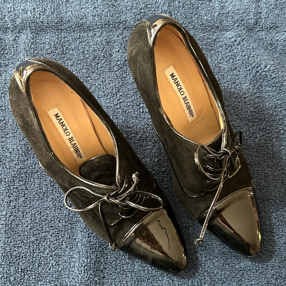 Manolo Blahnik Black Suede and Patent Leather Shoes